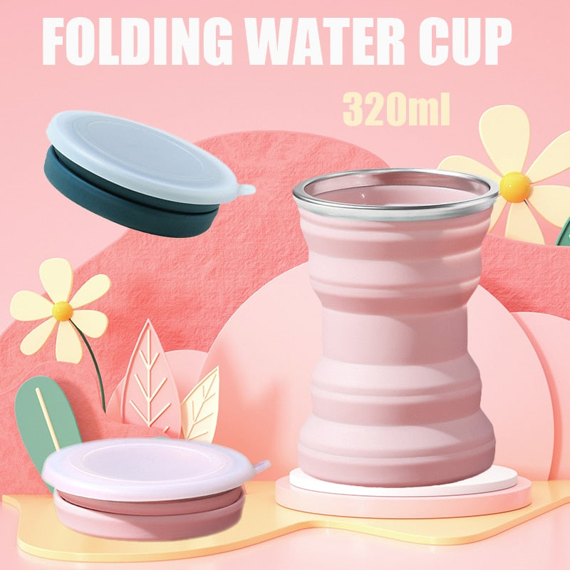 320ml Portable Silicone Folding Water Cup Outdoor Heat Resistant Telescopic Collapsible Foldable Mug With Lid For Travel Camping